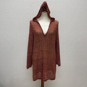 Coldwater Creek Womens Large Sweater Loose Open Knit Hoodie Tunic Long Orange
